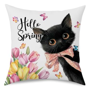 Imagem de Fokongna Capas de almofada Hello Spring Black Cat 18x18, presentes para amantes de gatos, irmã mais velha, irmã mais nova, presentes para mães, fronhas decorativas de gatos florais primavera verão