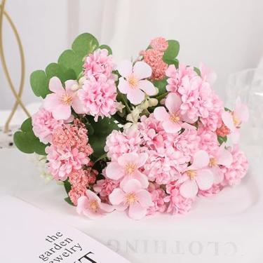 Imagem de Arranjo de flores de hortênsia artificial com flores de destaque, conjunto floral falso decorativo para decoração de casa e evento (rosa rosa)