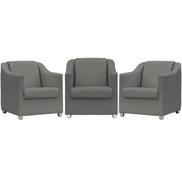Imagem de Kit 3 Poltronas Mila Corino Cores Pé De Plástico Cromado - Cinza Corino