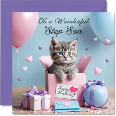 Imagem de Stuff4 Cartão de aniversário Step Son - Presente de gato - Cartão de feliz aniversário para enteado do pai mãe, cartões comemorativos de presente de gato de 14 cm