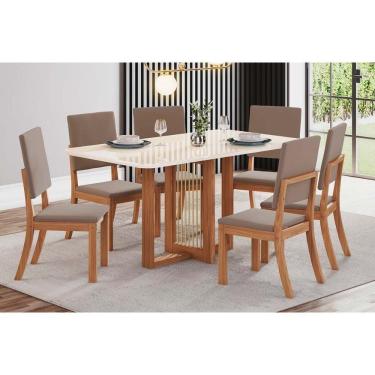 Imagem de Sala De Jantar Completa Natalí C- Tampo Madeirado C- Vidro Curvo 160x90cm E 6 Cadeiras Milla Nature-veludo Light Marrom Amêndoa - Henn
