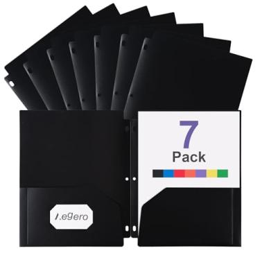 Imagem de Aegero Pastas perfuradoras de plástico de 3 furos com bolsos (pacote com 7, preto), serve para fichário de 3 anéis, pasta divisória para notebook, poliéster durável, comporta papel tamanho carta