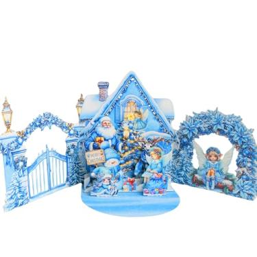 Imagem de Cartão 3D Pop Up Christmas House - Cena de inverno azul com Papai Noel, boneco de neve e anjos, cartão grande de 15 x 13 cm com bloco de notas, presente de Natal exclusivo para família e netos