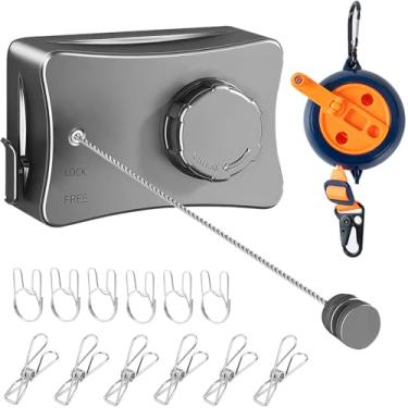Imagem de Varal retrátil, kit de linha de roupas para ambientes internos e externos, linha de secagem de roupas resistentes, 5 metros, suporte de secagem na parede, não flacidez, roupas de viagem (cinza
