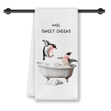 Imagem de CosxHabitat Hello Sweet Cheeks Toalhas de mão de banheiro pinguim, presentes de pinguins para mulheres, toalhas de mão de pinguim com laço rosa para decoração de banheiro, 40,6 x 61 cm