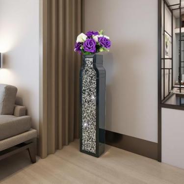 Imagem de Vasos de diamante triturado dupla face de 76 cm de altura, grande preto espelhado para chão, vaso decorativo com espelho de cristal para casa, escritório, hotel (preto, 17,3 cm C x 12 cm L x 76 cm A)