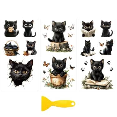 Imagem de Peacoblue Adesivo decalque de transferência para decoração de móveis artesanato 15 x 30 cm gato preto com borboleta, 3 peças à prova d'água UV DTF transferência para gaveta cômoda vidro porcelana