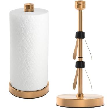 Imagem de Suporte de toalha de papel dourado de aço inoxidável projetado para fácil operação com uma mão - este modelo de bancada resistente de papel toalha de papel tem ventosas e comporta todos os rolos de