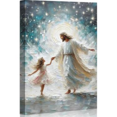 Imagem de Arte de parede Jesus e menina, tela cristã, Jesus, decoração de parede, pintura emoldurada, para quarto, sala de estar, escritório, 30,5 x 40,6 cm