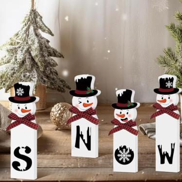 Imagem de Decoração interna de boneco de neve de madeira de Natal – 4 peças placa de feliz Natal bloco de boneco de neve – Bandeja rústica de inverno em camadas decoração de mesa para decoração de mesa de