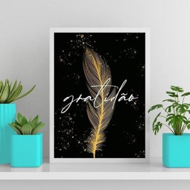 Imagem de Quadro Pena Dourada Gratidão 33X24Cm Com Vidro - Branca - Quadros On-L