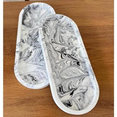 Imagem de Bandeja Decorativa Artesanal em Concreto Celular - Formato Oval, Multiuso para Mesa/Banheiro/Cozinha (Antimanchas e Resistente à Umidade)(Band. Mármore Preta -24CM)