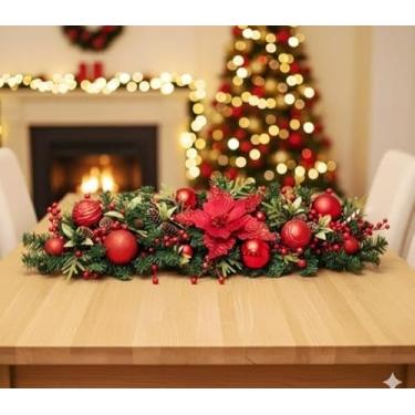 Imagem de Centro de Mesa Natalino Luxo 65cm, Decoração de Natal com Flores Vermelhas, Pinhas, Bolas Decorativas Vermelho e Dourado