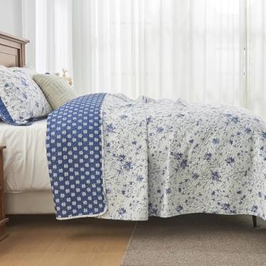 Imagem de FineStichery Colcha Queen 100% algodão, colcha botânica azul e branca com fronhas, edredom acolchoado leve e macio, conjunto de cama reversível, decoração de casa de fazenda/campo