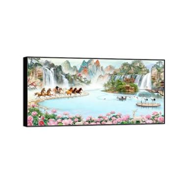 Imagem de Chinoiserie Arte de parede paisagem imagem em tela - montanha lago cavalo lótus-pintura chinesa impressão moldura preta para decoração de casa 30x60cm12x24in