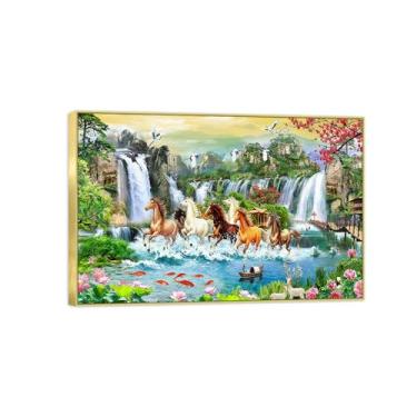 Imagem de Chinoiserie Arte de parede paisagem imagem em tela - cachoeira lago cavalo pássaros - pintura chinesa - impressões de moldura dourada para decoração de casa 60 x 90 cm 24 x 35 pol