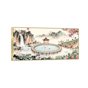 Imagem de BMZFYBS Imagem em tela de paisagem de parede chinoiserie - flores da ponte do lago da montanha - pintura chinesa - impressões de moldura dourada para decoração de casa 70 x 140 cm 27 x 55 pol