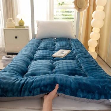 Imagem de Yadlan Colchão de chão japonês, colchão futon com bolsa de armazenamento portátil e capa lavável, tapete de tatame grosso enrolado adequado para acampamento, quarto de hóspedes azul 90 * 200 cm