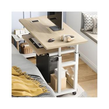 Imagem de HGTRH Mesa de suporte sentado, mesa de computador com 4 rodízios freios com bandeja de teclado/rack de armazenamento Faixa de elevação de tubo de aço grosso 69-85 cm Cor carvalho branco 80 cm