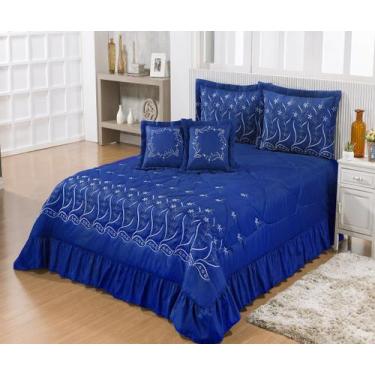 Imagem de Kit Cobre Leito Casal Super King Desejos 07 Peças Bordado Colcha AZUL 