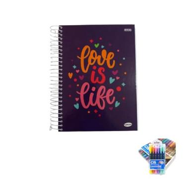 Imagem de Kit Caderno Feminino 20 Matérias Capa Dura 400 Folhas + Caneta Trigel Metálica + Marca Texto Lumini Gel