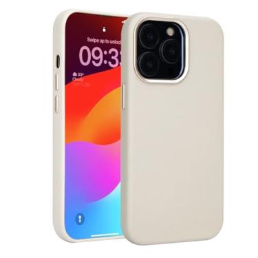 Imagem de Rumwot Capa de couro para iPhone 13 Pro cinza branca compatível com Magsafe, couro genuíno de flor integral, capa executiva de ajuste fino, botões de metal e moldura de proteção para celular com