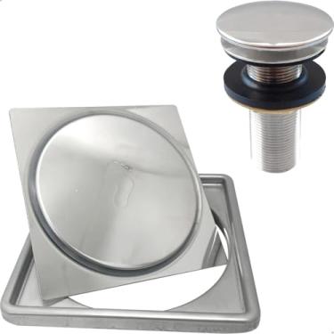 Imagem de Dona D.cor, Ralo Click E Porta Grelha Inox 10x10 Valvula Click 7/8 Kit Banheiro Completo Caixilho Quadrado 10cm Ralo Pia Escoamento