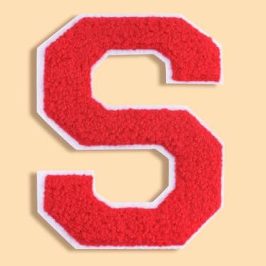 Imagem de QianSiLi Remendos de letras universitárias de chenille vermelho de 11 cm, letras grandes para jaquetas Letterman, moletons com capuz, mochilas, coletes, roupas, adesivos individuais da letra S
