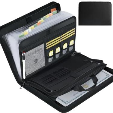 Imagem de Pomodee Organizador de arquivos sanfonado à prova de fogo, pastas de arquivos portáteis com zíper e alça, organizador de documentos com vários bolsos para arquivos de letras A4, 13 bolsos pretos