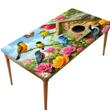 Imagem de oooJHooo Toalha de mesa retangular ajustada com borda elástica para 1,5 m, toalha de mesa floral de flor de pássaro de primavera, à prova de vento, à prova d'água, lavável para jantar, acampamento