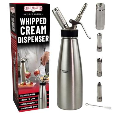Imagem de Chef Master Dispensador de chantilly de aço inoxidável (2 litros/1 litro) - Dicas de decoração para sobremesas, latte + escova de limpeza - Recipiente dispensador de chantilly para casa, padaria ou