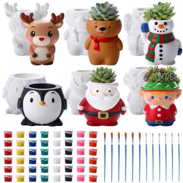 Imagem de Vesici 6 conjuntos de mini vasos de flores de cerâmica para pintar seu próprio vaso de suculentas, animais de Papai Noel, boneco de neve, faça você mesmo, presente de bisque pintável para inverno