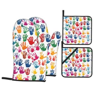 Imagem de Conjunto de luvas de cozinha impressas à mão com suportes de tampa, luvas de forno resistentes ao calor para manusear panelas quentes, grelhar, churrascos, kit de 4 peças.