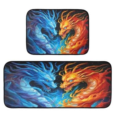 Imagem de Wassud Conjunto de 2 tapetes e tapetes de cozinha com dragão de fogo e dragão azul, à prova d'água, antiderrapante, para cozinha, corredor, escritório, pia, lavanderia
