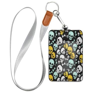 Imagem de Wassud Porta-crachá de couro PU engraçado caveiras e ossos com cordão, porta-cartão de identificação para trabalho, cordão de pescoço com compartimentos para cartões de crédito, funcionários