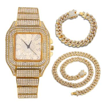 Imagem de Halukakah Diamonds Gold Watch Iced Out, pulseira masculina ouro real 18 quilates/platina banhado a ouro branco algarismos arábicos pulseira de quartzo 22 cm, opcional com corrente de elos cubanos 20