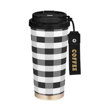 Imagem de YETTASBIN Caneca de café Buffalo Plaid com isolamento térmico de 482 g com tampa canudo, copo à prova de derramamento e vazamento com alça para bebida quente e fria, garrafa de água de aço inoxidável