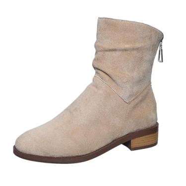 Imagem de Unifizz Botas femininas de cano curto de largura larga - Botas curtas pretas e marrons com bloco de salto baixo nas costas com zíper., Caqui, 34
