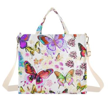 Imagem de Burbuja Sacola feminina com borboletas coloridas e flores, bolsa tiracolo de veludo cotelê para compras, trabalho, viagens, C262, Medium