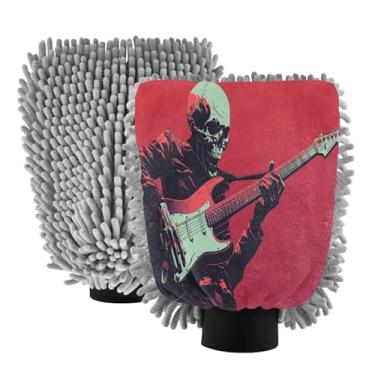 Imagem de STAYTOP Esqueleto legal tocando guitarra, luvas de lavagem de carro, 2 peças, luvas de microfibra de chenille, sem arranhões, panos de esponja de lavagem ultra absorventes para carros, limpeza