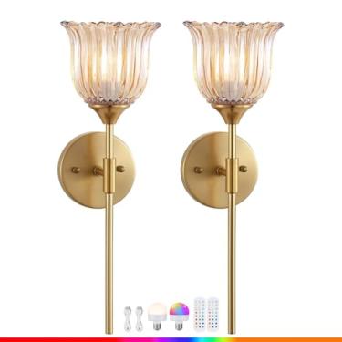 Imagem de Luminária de parede recarregável sem fio com flor de vidro, controle remoto, dimerizável, a bateria, luminária de parede retrô de cristal para cabeceira, sem necessidade de energia elétrica,