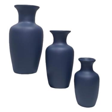 Imagem de Conjunto 3 Peças Kit Enfeite Cerâmica Vasos Sala Completo Decorativas Trio Rack Centro Mesa Colorido(AZUL MARINHO LISO JAD)
