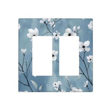 Imagem de Indokyeyqaz Placa decorativa para interruptor de luz branca com flores duplas, 2 placas de interruptor e capas de tomada 11,7 x 11,4 cm para quarto, banheiro, cozinha, decoração de casa
