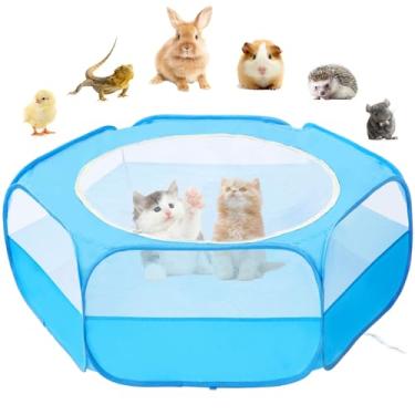 Imagem de XIRGS barraca pequena de gaiola de animais, impermeável, pequena, caneta de brinquedo portátil para ambientes externos, cerca de quintal de exercícios com tampa superior, cerca de quintal anti fuga para cães/gatos/coelhos/martelos/porcos/chinchilas (azul)