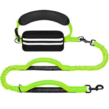 Imagem de LIEVUIKEN Coleira para cães mãos livres com bolsa com zíper, correia de corrida para passear com cães, cinto ajustável para cães grandes, design elástico refletivo com duas alças para caminhadas