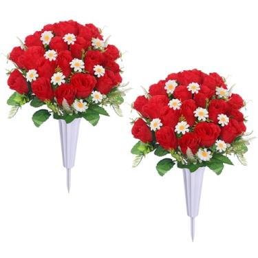 Imagem de Lodou Flores artificiais de cemitério, decorações de túmulos memoriais, rosas – conjunto de 2 buquês e 2 vasos que não desbotam, perfeito para o Natal, Dia dos Namorados, Memorial Day (vermelho)