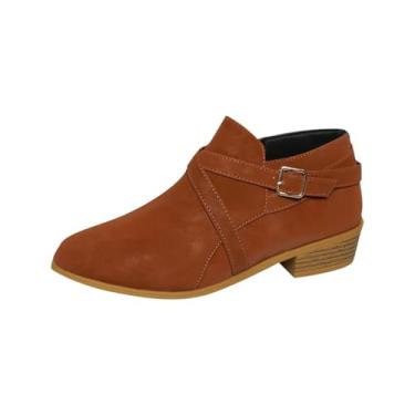 Imagem de Botas femininas de cano curto, zíper lateral, bico fino, salto grosso, salto baixo, casual, design de cor sólida, perfeito para primavera, Marrom, 34
