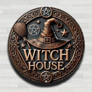 Imagem de Emblema de casa de bruxa chapéu de bruxa vassoura vintage rústico alumínio metal redondo placa de parede, 20 cm, presentes internos e externos e decoração para casa, escritório, café e fazenda