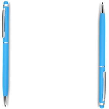 Imagem de Caneta Esferográfica Touch Screen Metálica, Corpo Emborrachado, Escrita Azul, Ponta Fina 0.7mm, Design Moderno, para Escritório, 14.5cm (Kit 2 Azul Claro)