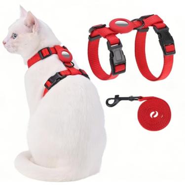 Imagem de VKPETFR Conjunto de coleira e coleira para gatos com suporte de Airtag para caminhadas e viagens, peitoral à prova de fuga para gatos pequenos, médios e grandes, coletes ajustáveis leves e macios